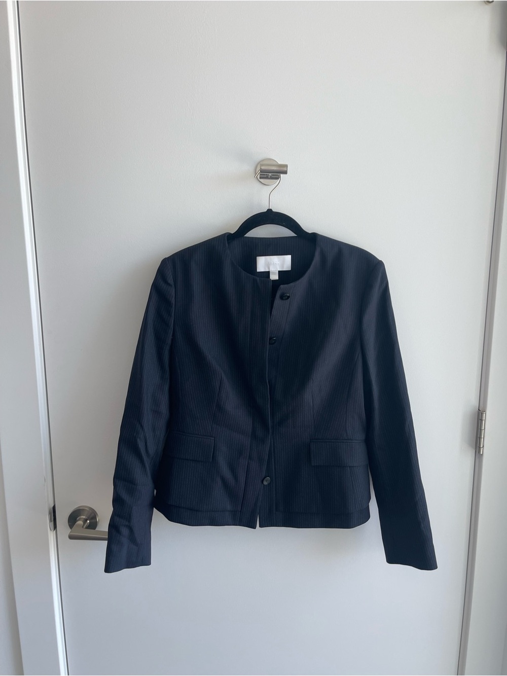 BOSS Women's blue Pinstripe Collarless Jacket